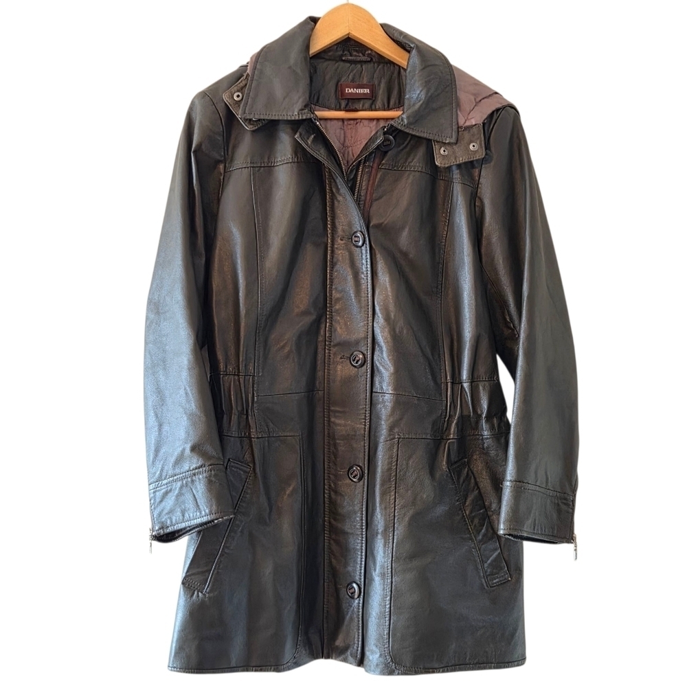 Danier Leather Fall Winter Dark Green Boho Moto Hooded Jacket Trench Coat Size L